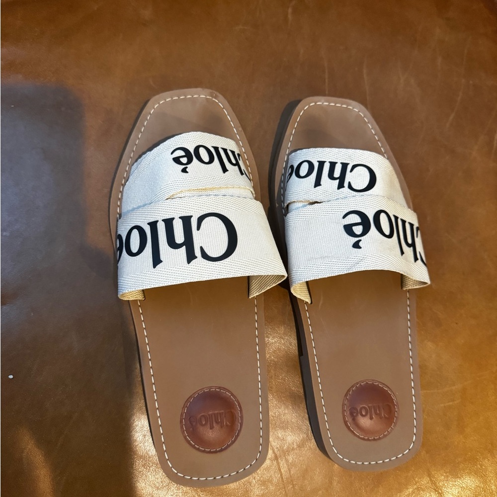 Chloe Woody Flat Logo Ribbon Slide Sandals